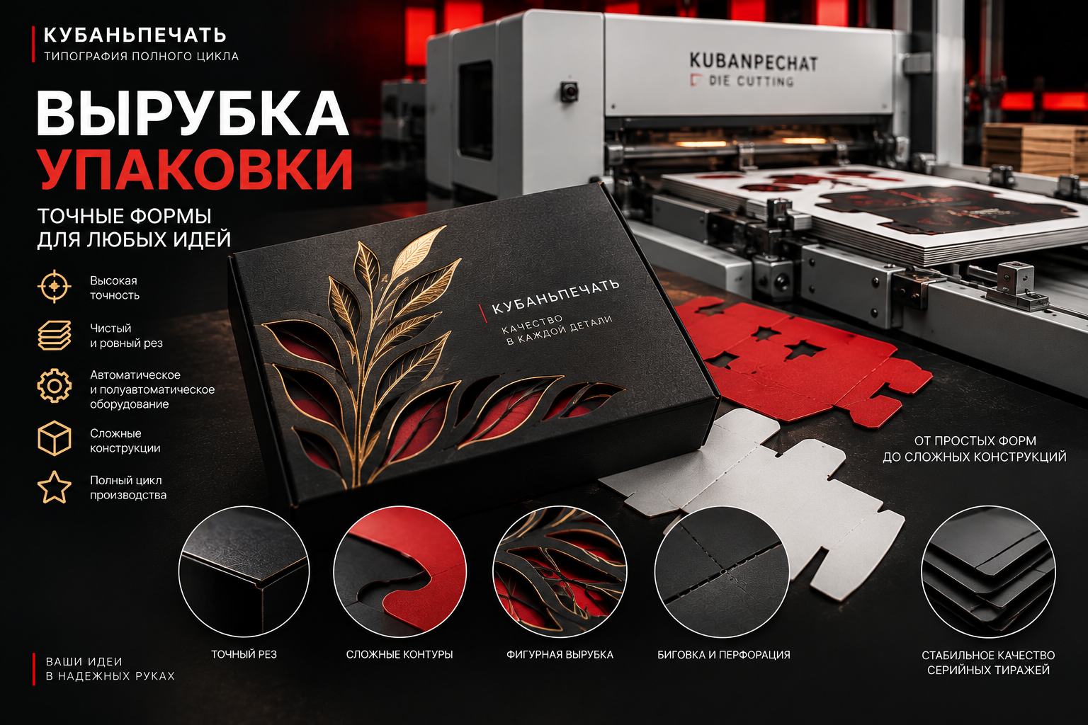 Вырубка упаковки: заготовка, фигурные окна и контур коробки